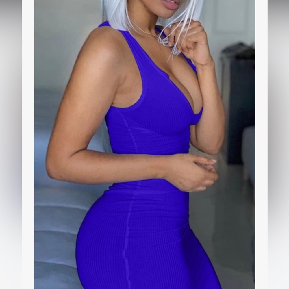Royal Blue Ribbed Bodycon Tank Dress Deep V Neck Sleeveless Club Mini Dress - Picture 3 of 5